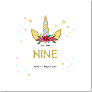 Ninth birthday. Nine. Unicorn Birthday invitation. Party invitation Posters and Art